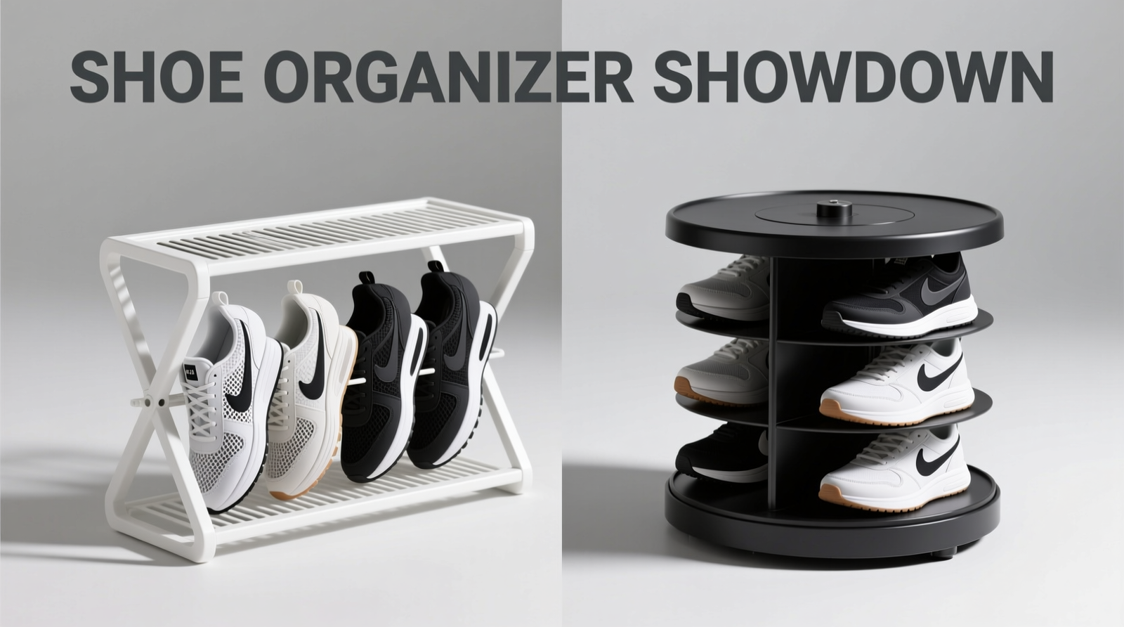 Side-by-side photo showing a white ventilated foldable shoe rack with sneakers upright and spaced, next to a closed black rotating carousel with sneakers stacked horizontally and partially obscured
