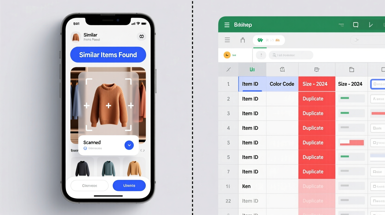 Side-by-side comparison: left panel shows smartphone screen with digital closet app interface highlighting 'Similar Items Found' banner over a scanned sweater; right panel shows cluttered Excel sheet with mismatched column headers and highlighted duplicate entries in red