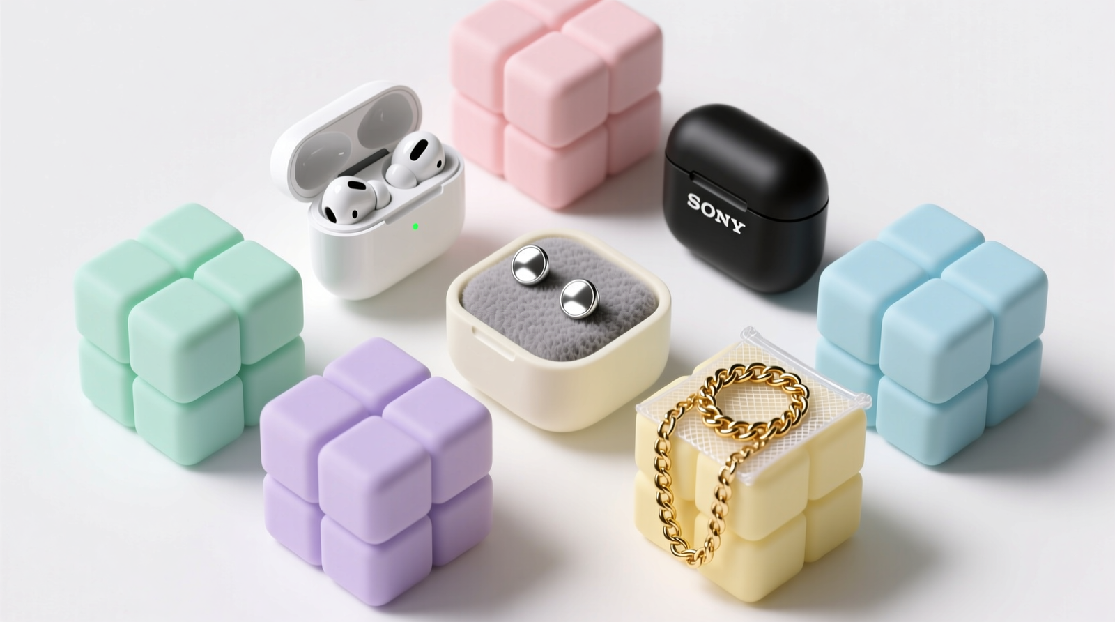 Top-down view of five pastel silicone modular cubes arranged in a staggered grid: three hold upright wireless earbud cases (white, black, ivory), one holds stud earrings embedded in gray microfiber, and one holds a coiled gold chain inside a transparent mesh sleeve—no metal-to-plastic contact visible.