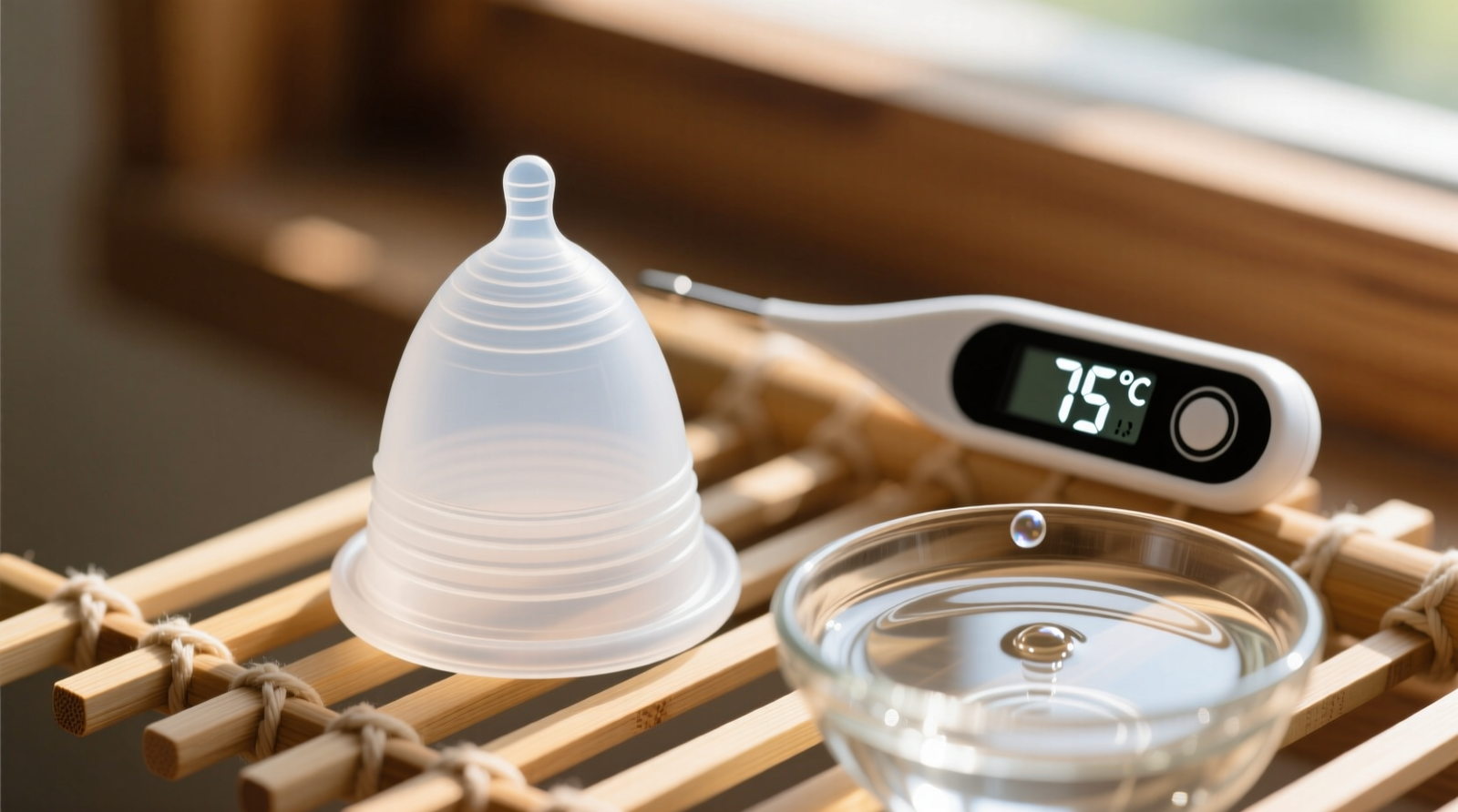 Close-up of a translucent silicone menstrual cup storage case resting upright on a slatted bamboo drying rack, with a digital thermometer showing 75°C beside a glass bowl of clear vinegar-water solution