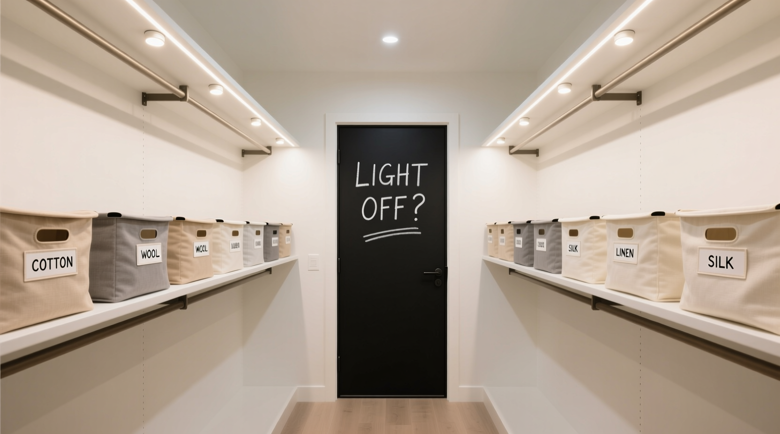 A minimalist walk-in closet with labeled fabric bins, evenly spaced LED puck lights mounted on the ceiling rail, and a matte blackboard-painted door with 'LIGHT OFF?' written in white chalk