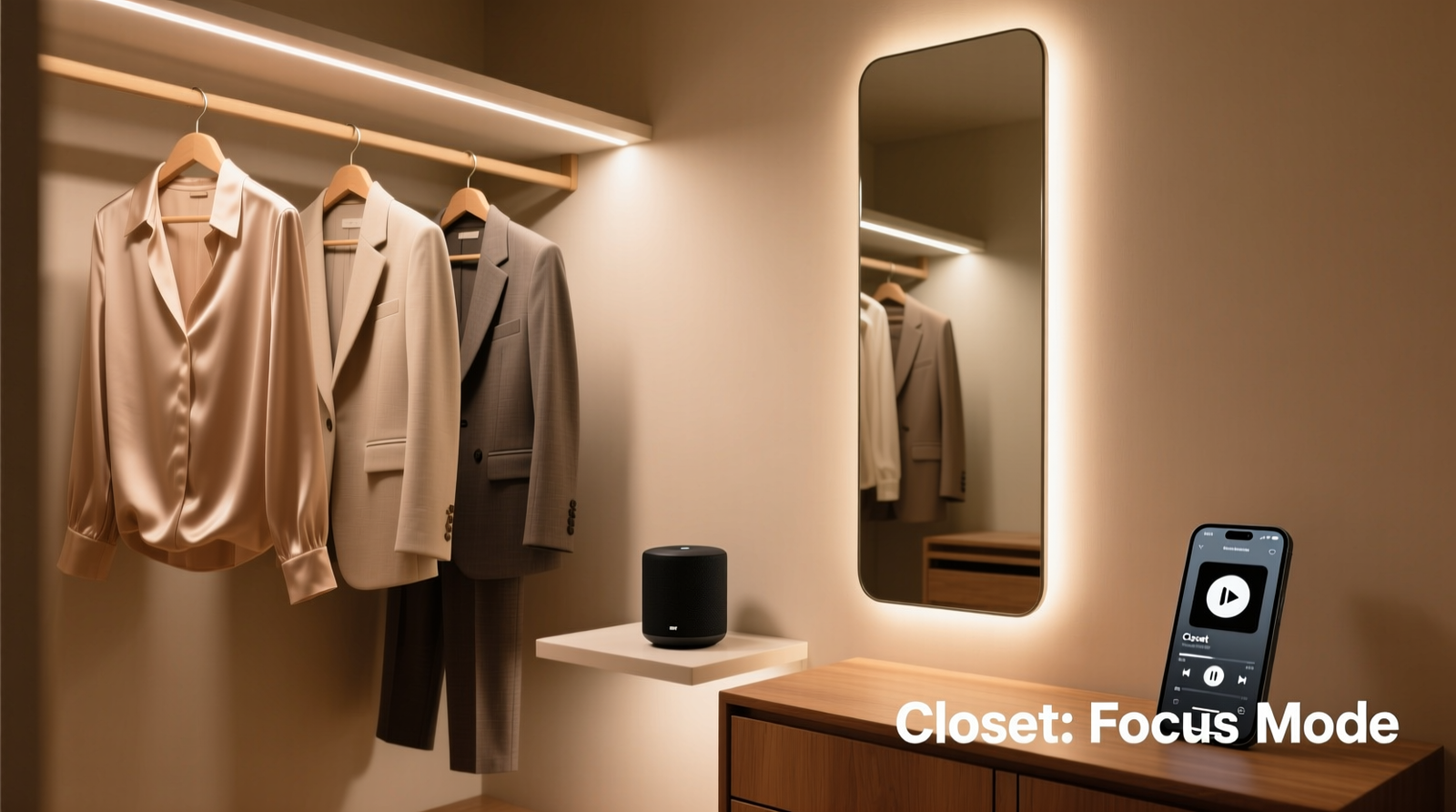 A walk-in closet with soft, focused LED lighting illuminating hanging garments, a compact smart speaker mounted discreetly on a shelf, and a labeled playlist icon visible on a smartphone screen showing 'Closet: Focus Mode'