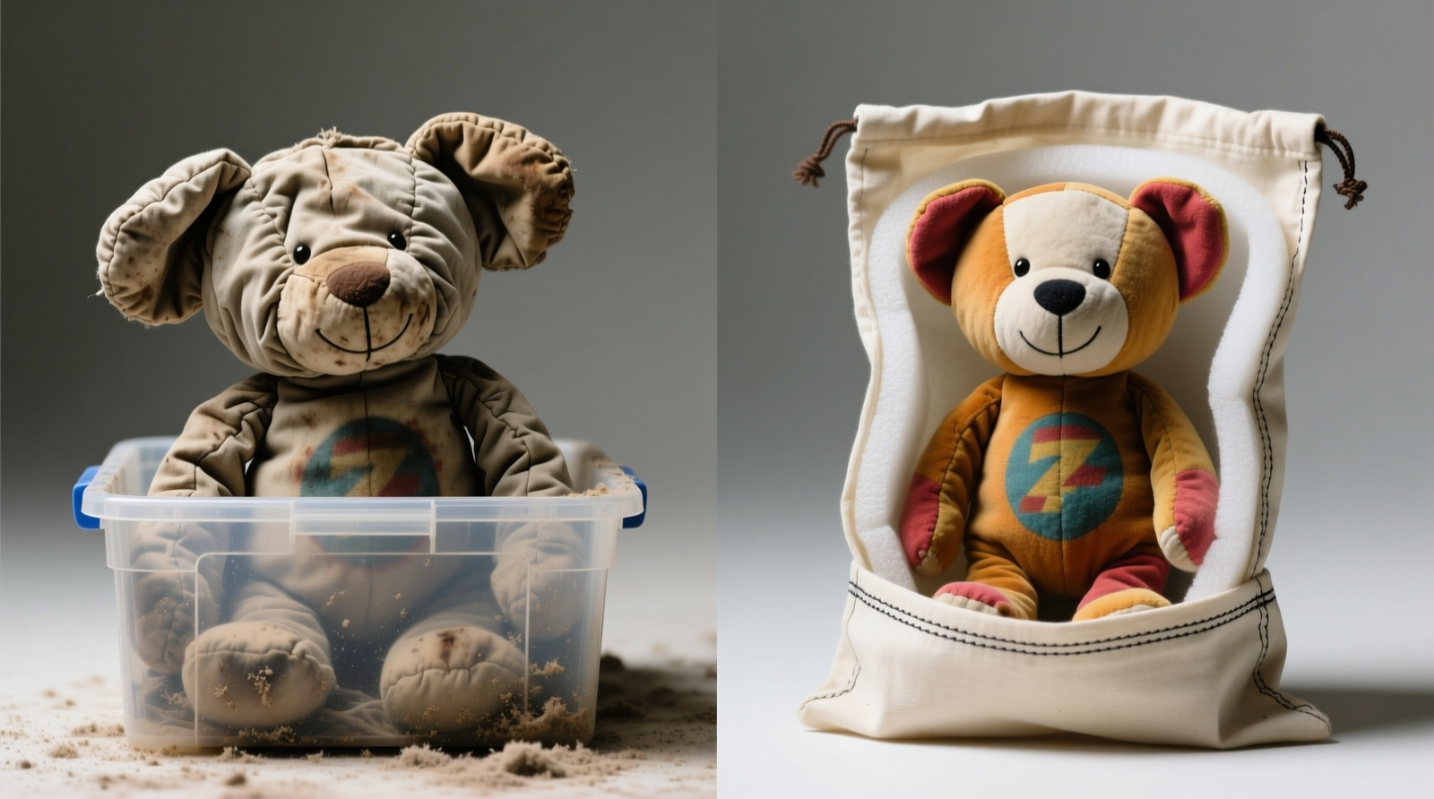 Side-by-side comparison: left shows plushie with collapsed ears and faded chest print after 6 months in plastic bin; right shows identical plushie upright in cotton archival bag with visible foam core support and crisp, vibrant details preserved