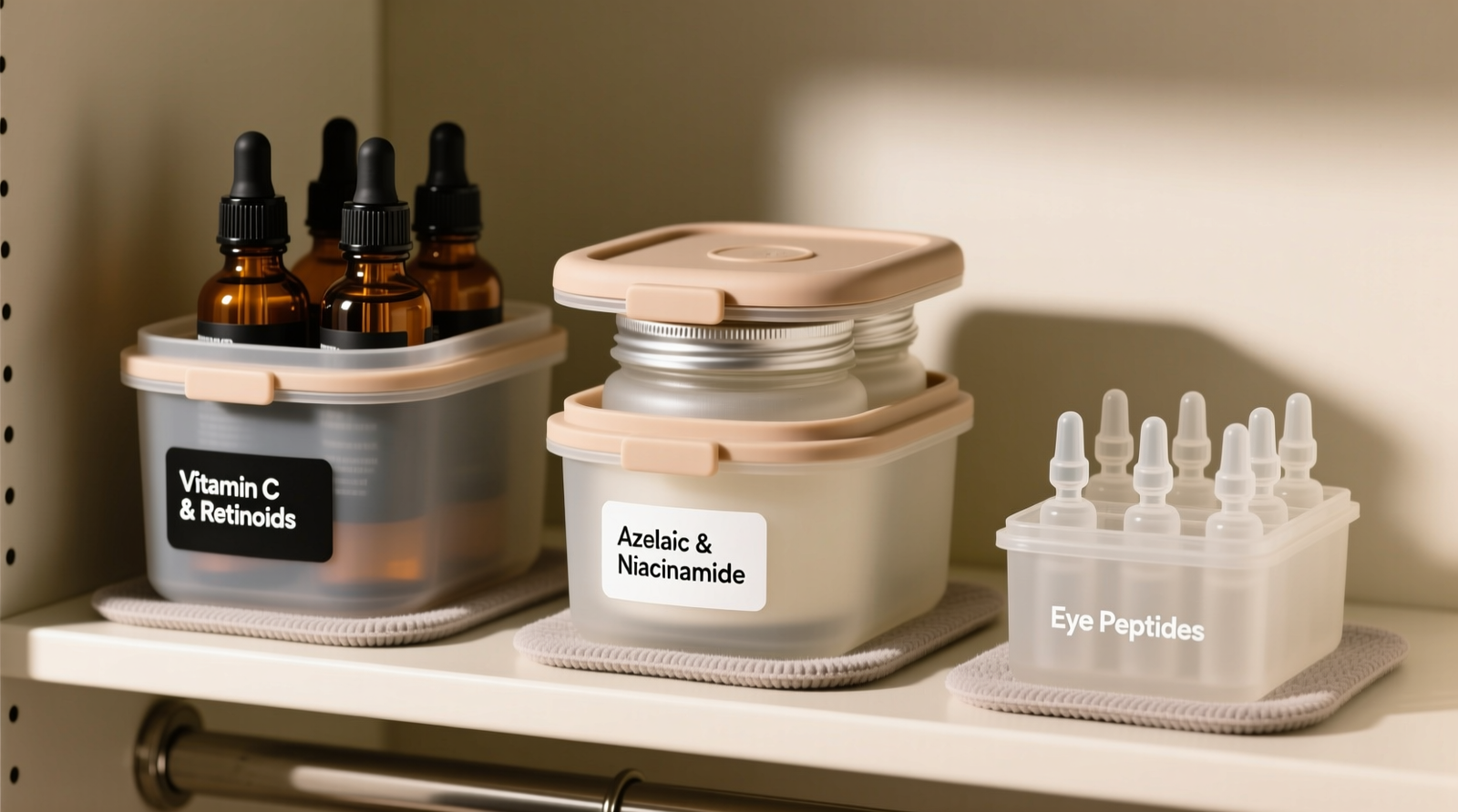 Cross-section diagram showing a closet interior retrofitted with foam insulation, top exhaust vent, bottom intake vent, and a skincare fridge elevated on rubber feet with labeled airflow path