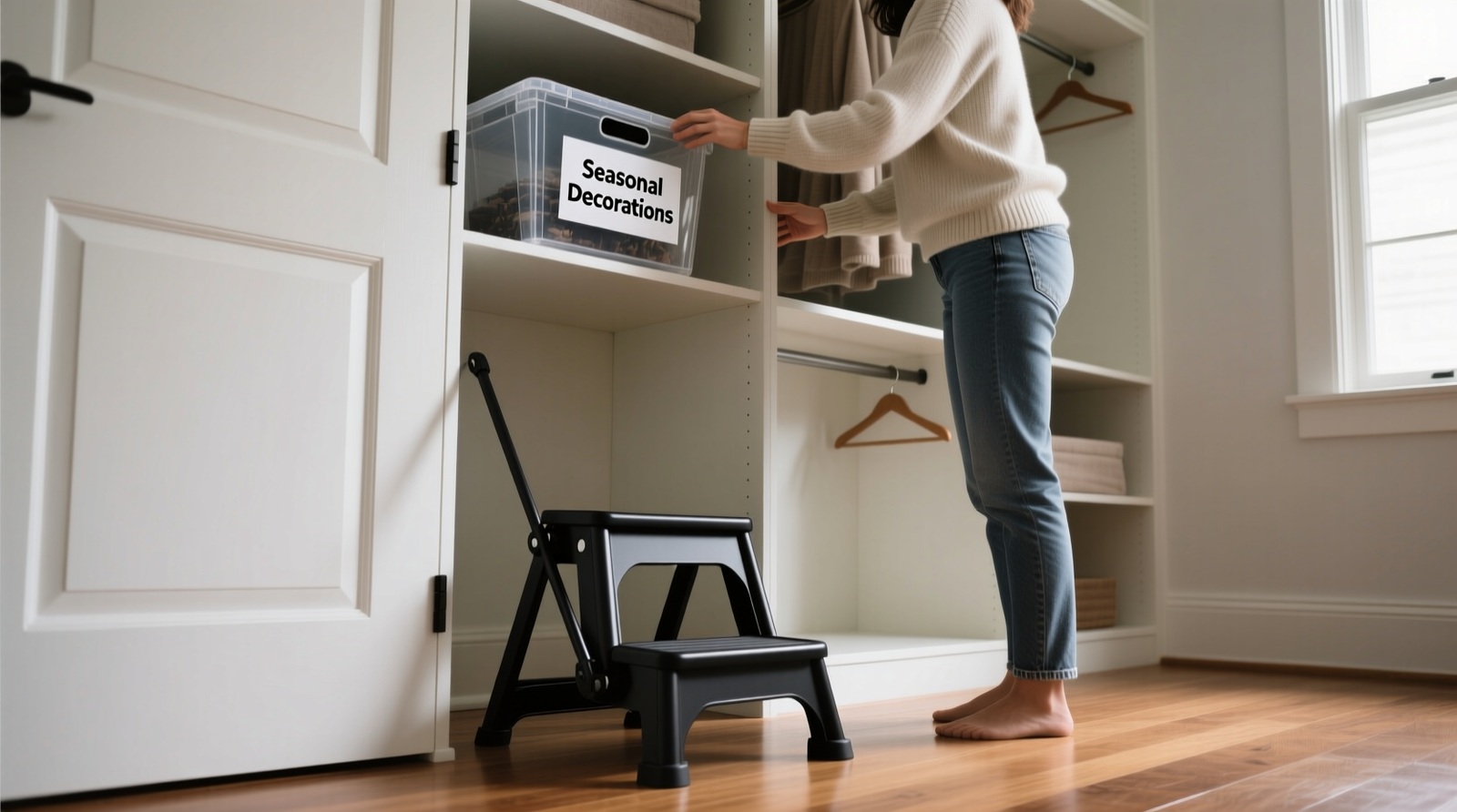 A matte-black foldable step stool deployed beside an open closet, showing its compact folded profile leaning vertically against the door frame and its stable, two-step deployment inside the closet doorway—feet fully contacting hardwood floor, user safely retrieving a labeled storage bin from the second-highest shelf.