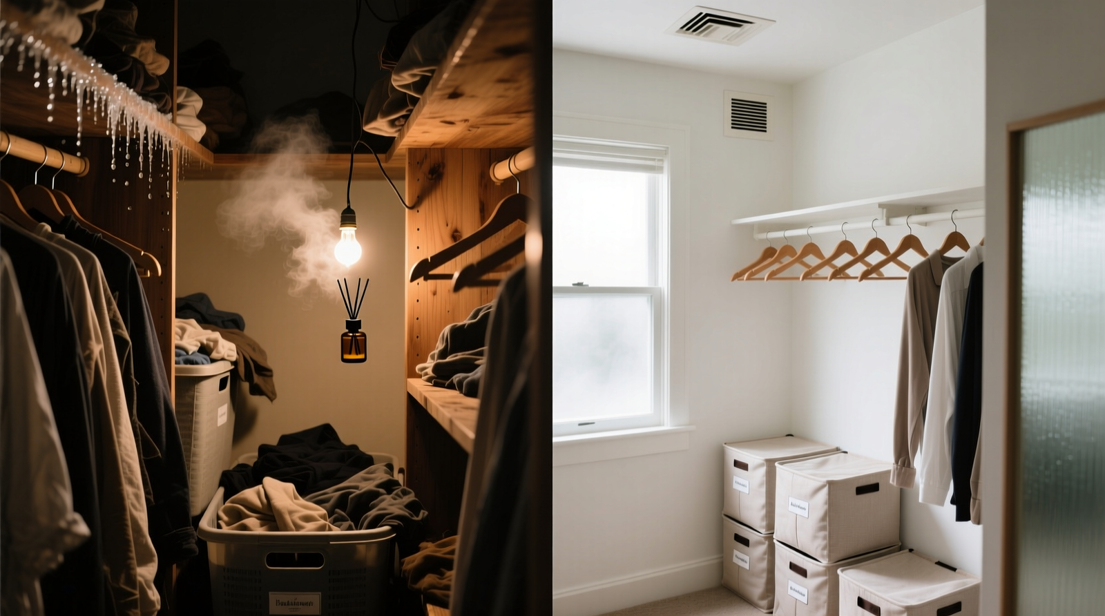 Side-by-side comparison: left shows a cluttered, dim closet with visible condensation on shelf edges and a diffuser hanging crookedly; right shows an airy, minimalist closet with labeled breathable cotton bins, spaced wooden hangers, and a small passive vent near the ceiling