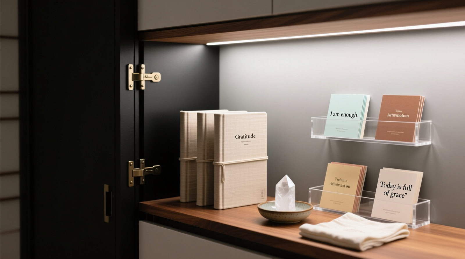 A minimalist closet interior with a matte-black hinged door opened to reveal a soft-lit 12-inch vertical zone: three cloth-bound gratitude journals standing spine-out on a walnut ledge, two clear acrylic trays holding color-coded affirmation cards beside a small ceramic dish holding a single white quartz point and folded linen napkin.