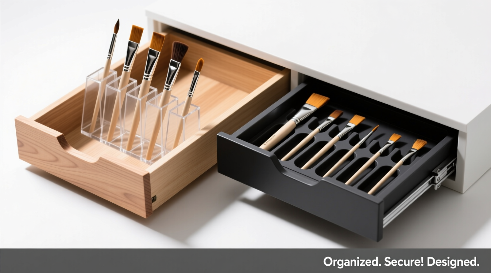 Side-by-side comparison: acrylic dividers holding five tall brushes upright in a maple drawer versus silicone trays securing seven short brushes on a black non-slip liner—both drawers tilted 15 degrees with zero movement