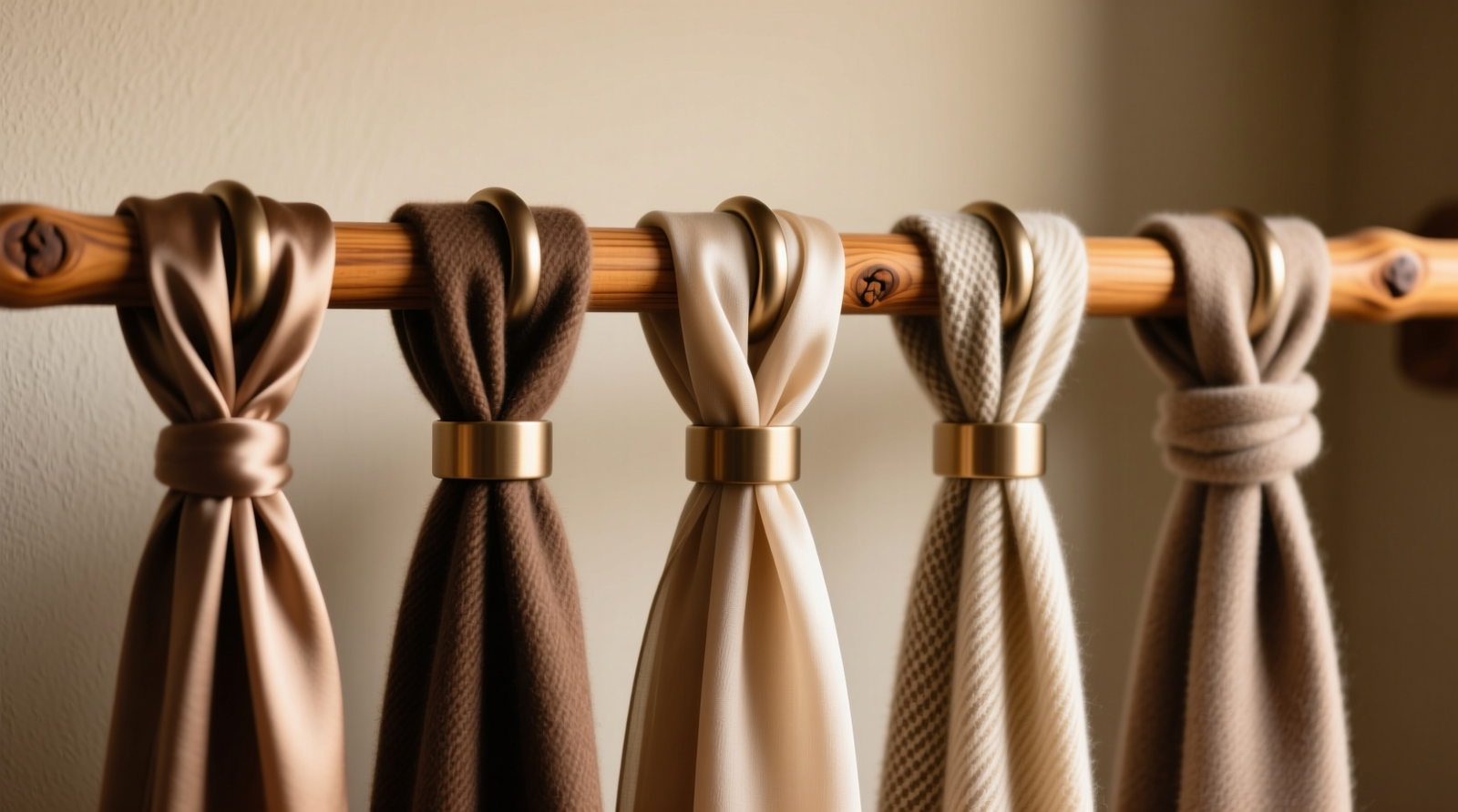Close-up photo showing five high-quality matte-finish scarf rings mounted evenly spaced on a natural wood closet rod, each holding a different scarf draped symmetrically with visible fabric texture and zero twisting or overlapping