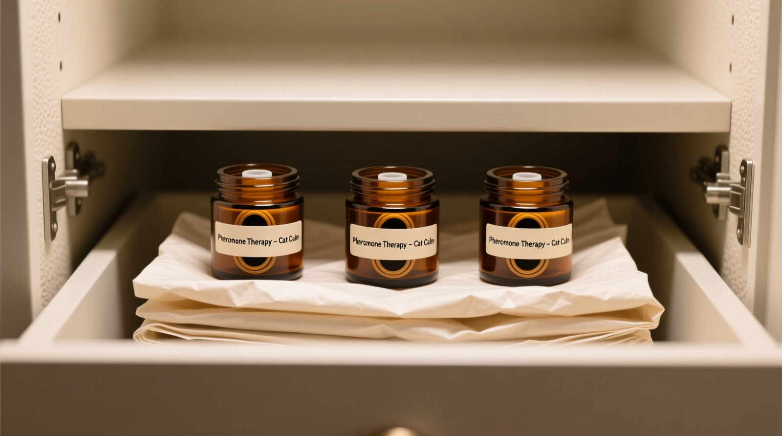 A shallow, well-organized closet drawer showing three labeled amber jars containing pet pheromone collars and diffuser vials, nestled in folded acid-free tissue, with no visible airflow sources nearby