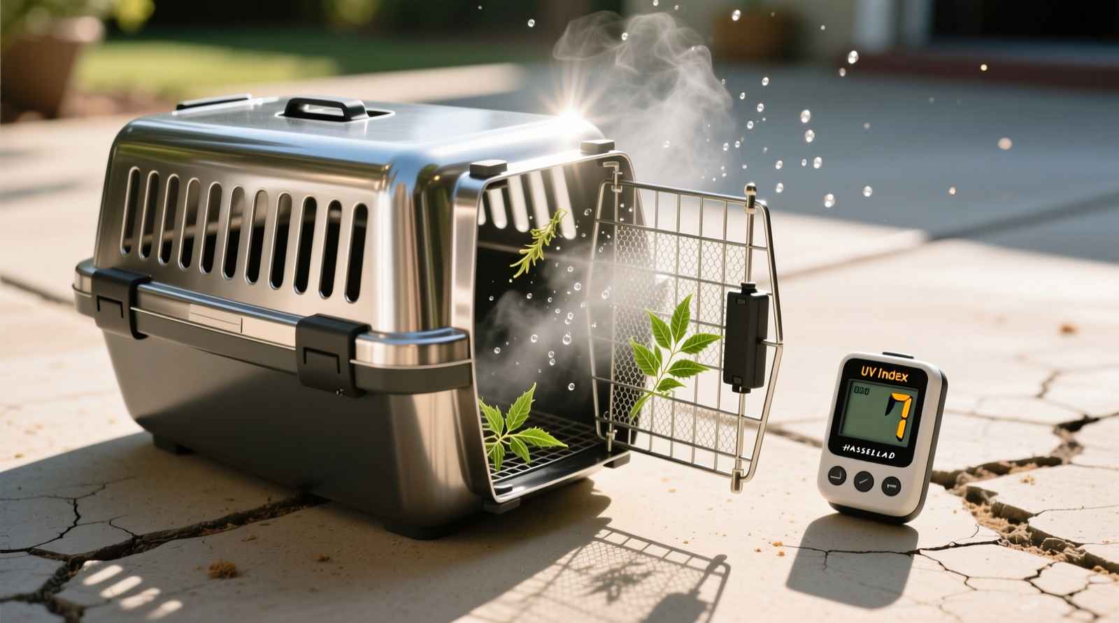 A stainless-steel pet carrier placed open-side-up on a concrete patio under midday sun, with a fine mist of neem oil visible on its interior mesh; a UV index meter reads '7' beside it.