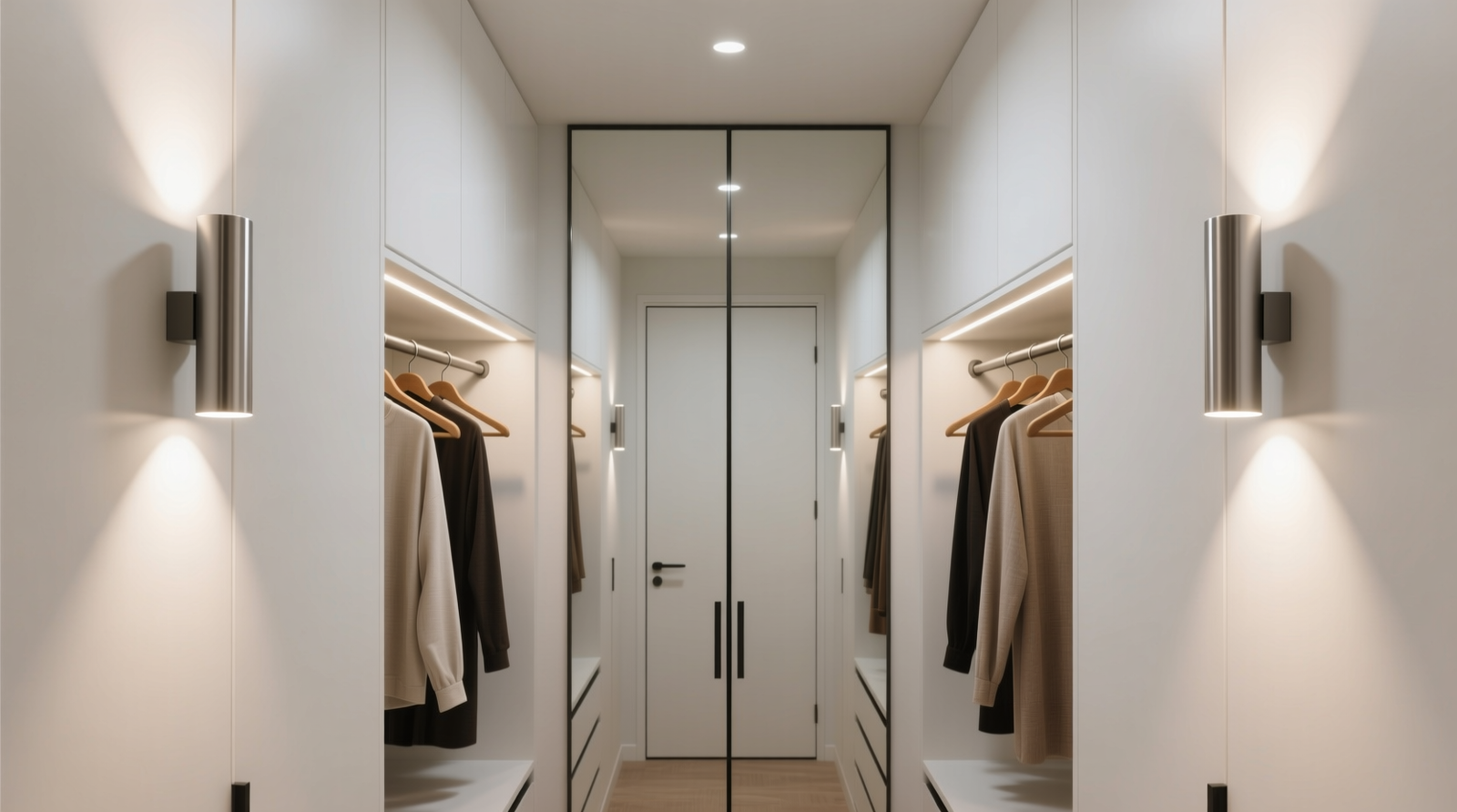Two adjustable LED track heads mounted on side walls of a walk-in closet, angled inward toward clothing rods—not toward the mirrored double doors—creating even, shadow-minimized illumination with zero visible reflection in the glass.
