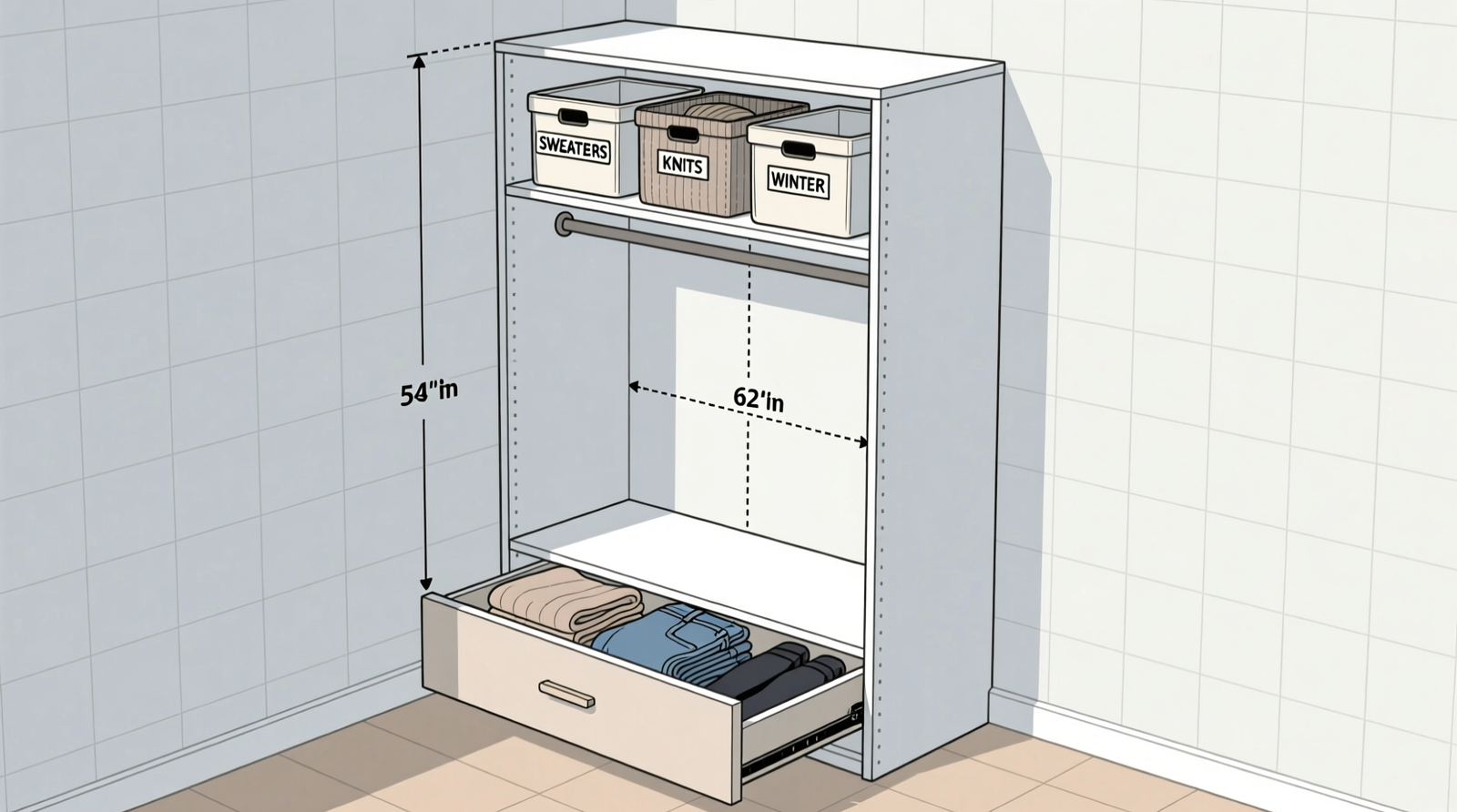 Side-view diagram of a petite-optimized closet: 49-inch hanging rod, 9-inch floating shelf at eye level, 3-inch pull-out drawer beneath rod, and color-coded garment zones (tops front, pants center, dresses back)