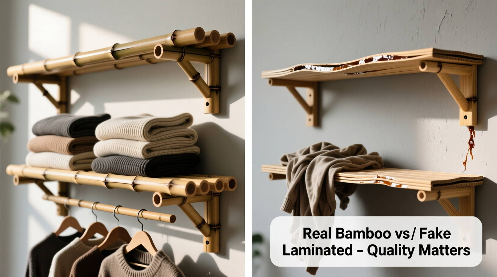Side-by-side comparison showing properly anchored, thick bamboo shelves holding folded sweaters and hanging garments versus warped, laminated bamboo shelves with visible delamination and adhesive bleed