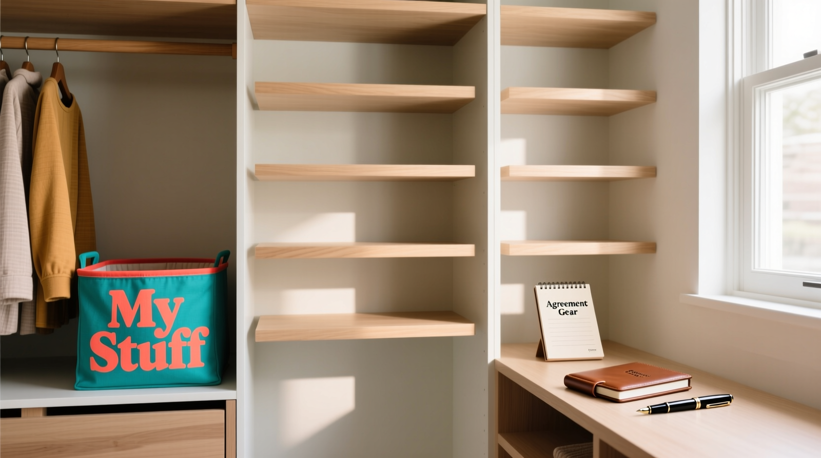 A well-lit closet with three clearly marked sections: one with colorful labeled fabric bins ('My Stuff'), one with neutral-toned shelving ('Shared Gear'), and one open shelf with a small notebook titled 'Agreement Log' beside a pen