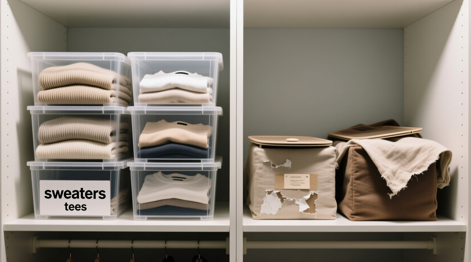 Side-by-side closet shelf: left side shows neatly stacked, labeled clear acrylic bins containing folded sweaters and tees in consistent folds; right side shows mismatched fabric cubes with obscured contents, some lids askew and labels peeling
