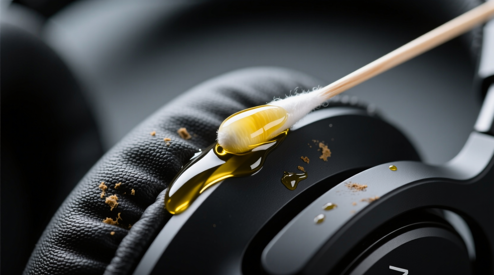 Close-up photo showing a cotton swab lightly coated with olive oil gently rolling across the curved edge of a black gaming headset earcup, with visible adhesive residue softening but no pooling or saturation