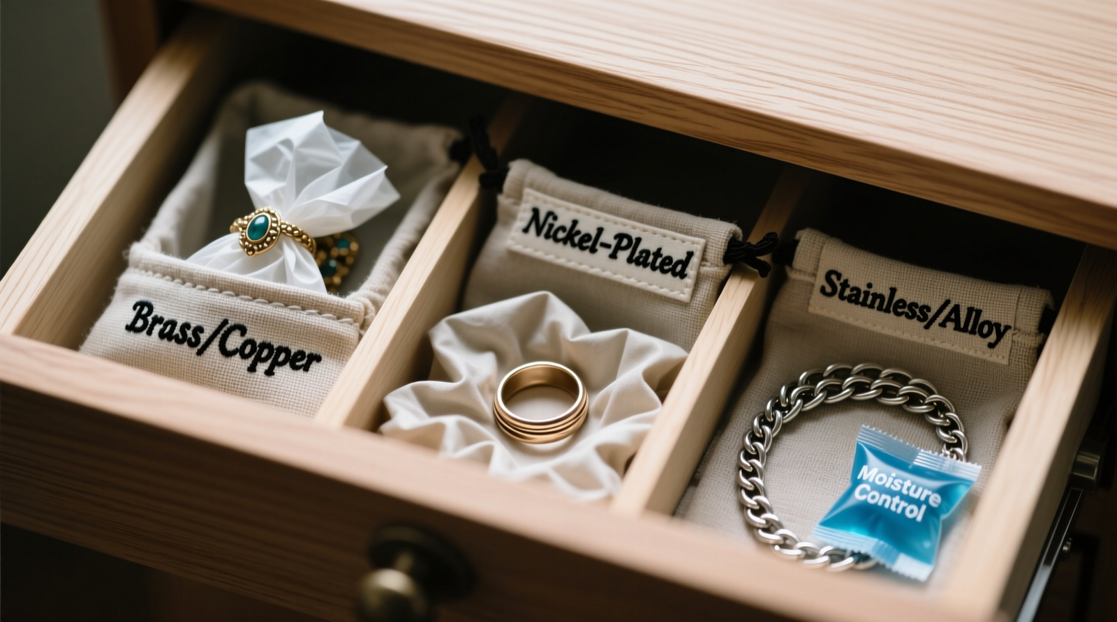 Top-down photo of a labeled, modular acrylic jewelry organizer with each compartment lined in white acid-free tissue and containing one piece of costume jewelry—no overlapping, no mixed metals in same cell. A small blue silica gel packet rests in the corner of the unit.