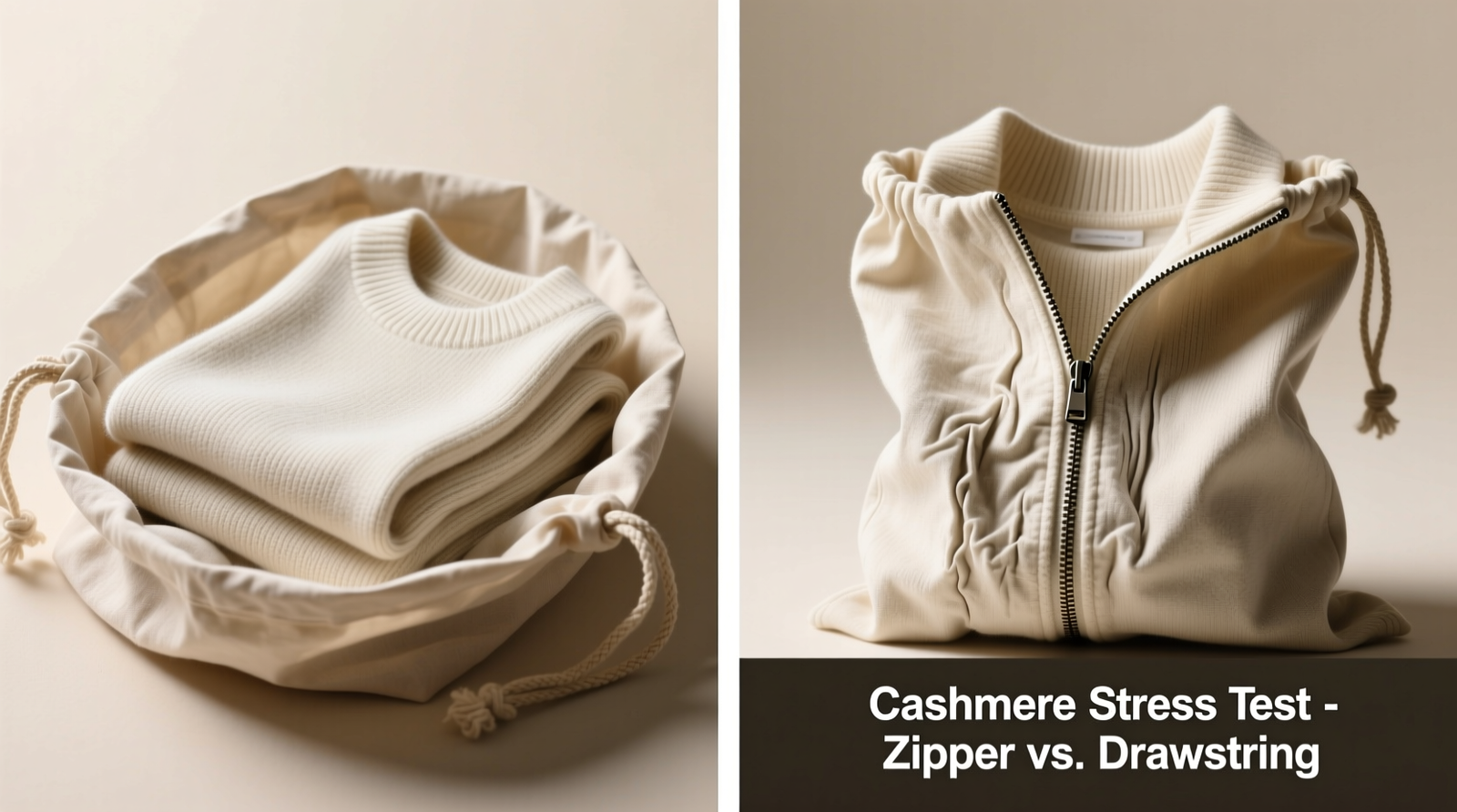 Side-by-side comparison: folded cashmere sweater placed inside a soft, unlined cotton drawstring bag (left) versus partially zipped cotton sack showing visible creasing and tension lines at the zipper track (right)