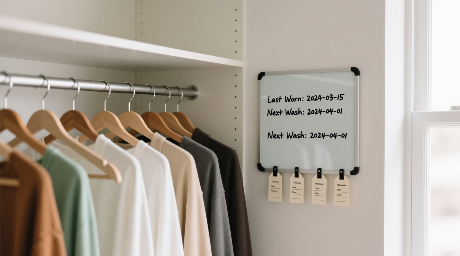 A minimalist closet showing uniform slim hangers, color-coded by season, with a small dry-erase board mounted beside it listing 'Last Worn' dates and 'Next Wash' reminders for five key items