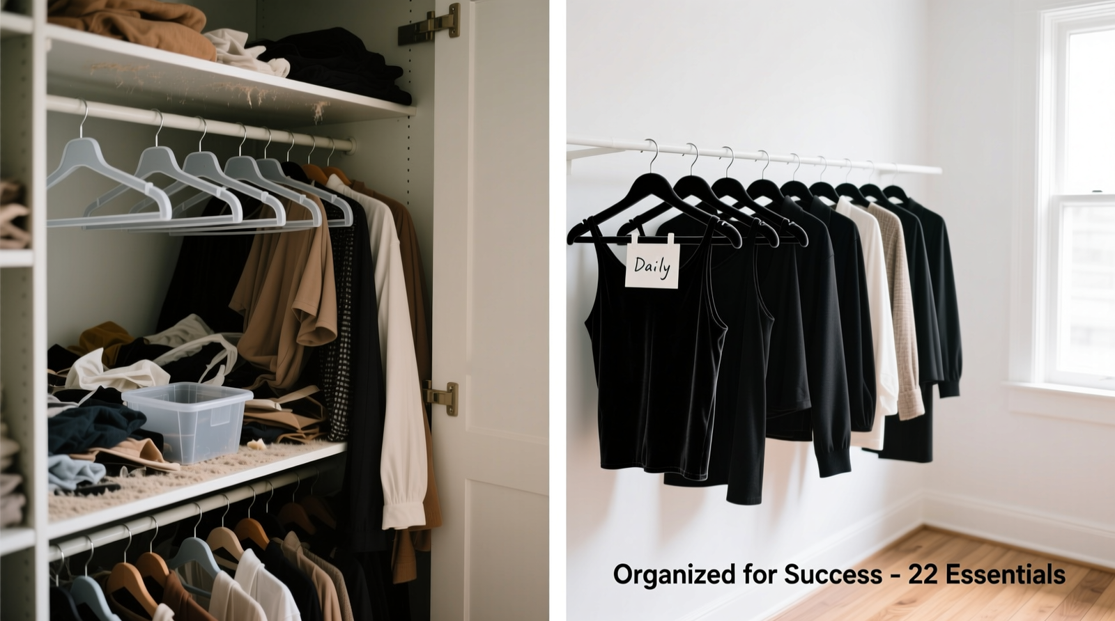 Side-by-side comparison: left shows a cluttered closet with mixed hangers and visible dust; right shows the same space after editing and labeling—only 22 garments remain, all on uniform hangers, grouped by frequency of use and photographed in natural light for app upload