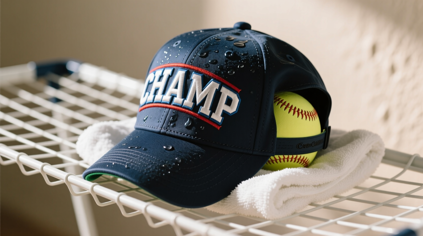 Side-view photograph showing a freshly washed embroidered baseball cap upright on a mesh drying rack, with a towel-wrapped softball visibly supporting the crown interior—front panel perfectly flat and unwrinkled