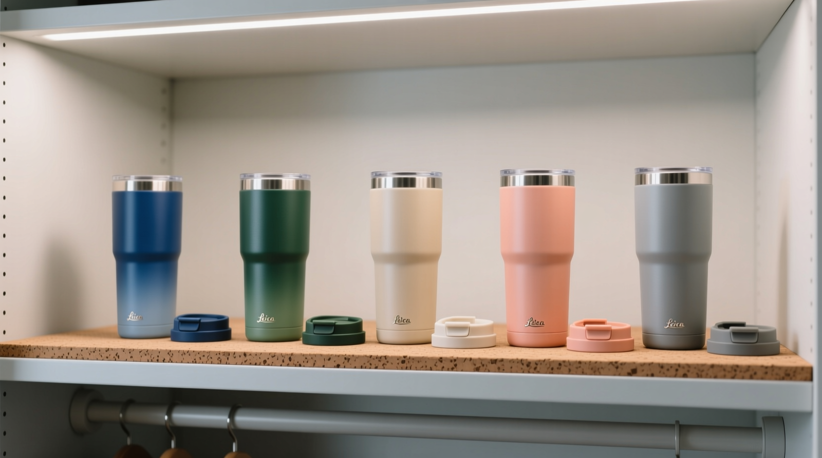 A minimalist closet shelf showing five insulated tumblers standing upright on a light-gray cork-lined board, each separated by 1.5 inches, with loose-fitting lids placed beside—not on—each bottle. Ambient lighting highlights clean lines and zero visible moisture or residue.