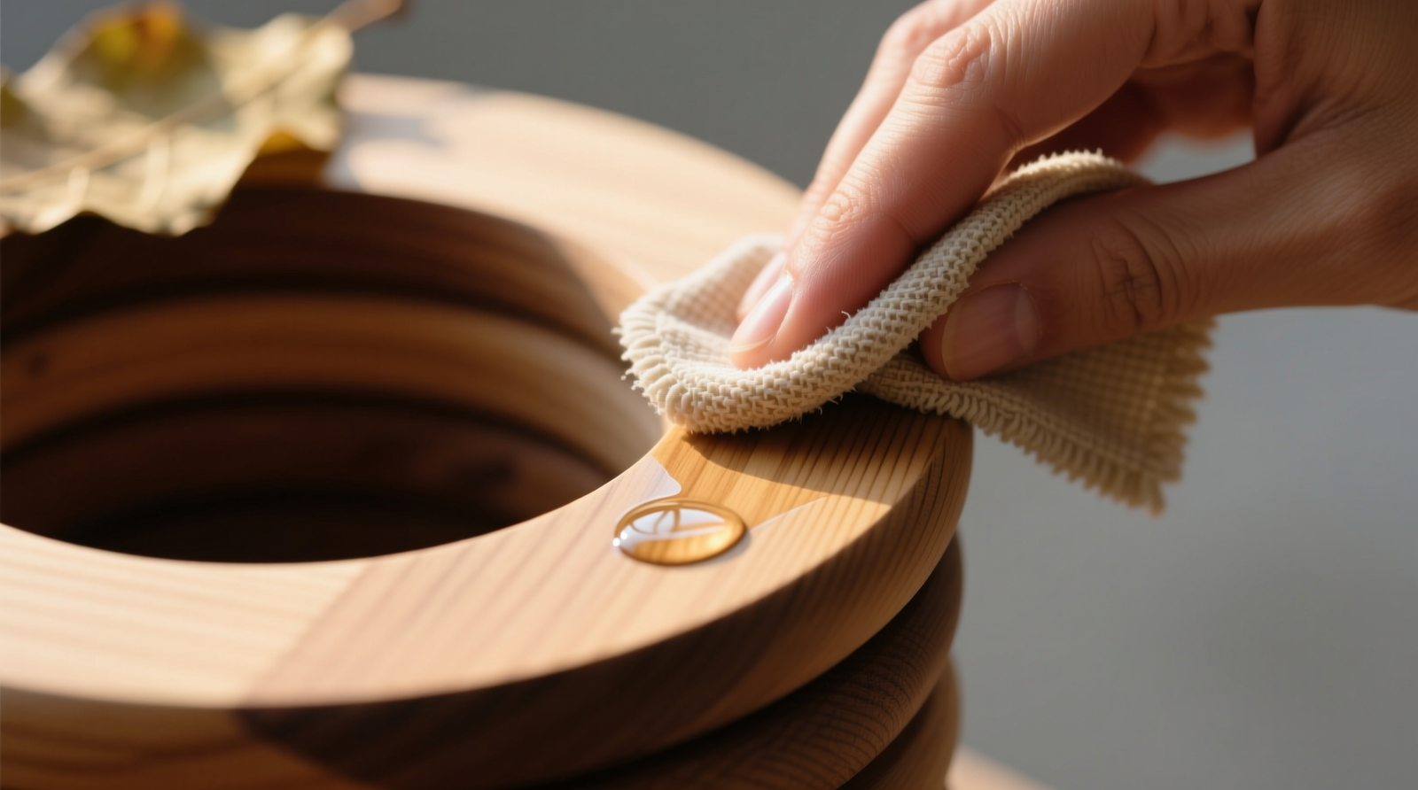 Close-up of a hand using a folded microfiber cloth to gently wipe a smooth, unpainted beechwood stacking ring with a barely damp sheen—no pooling, no streaking, natural wood grain clearly visible