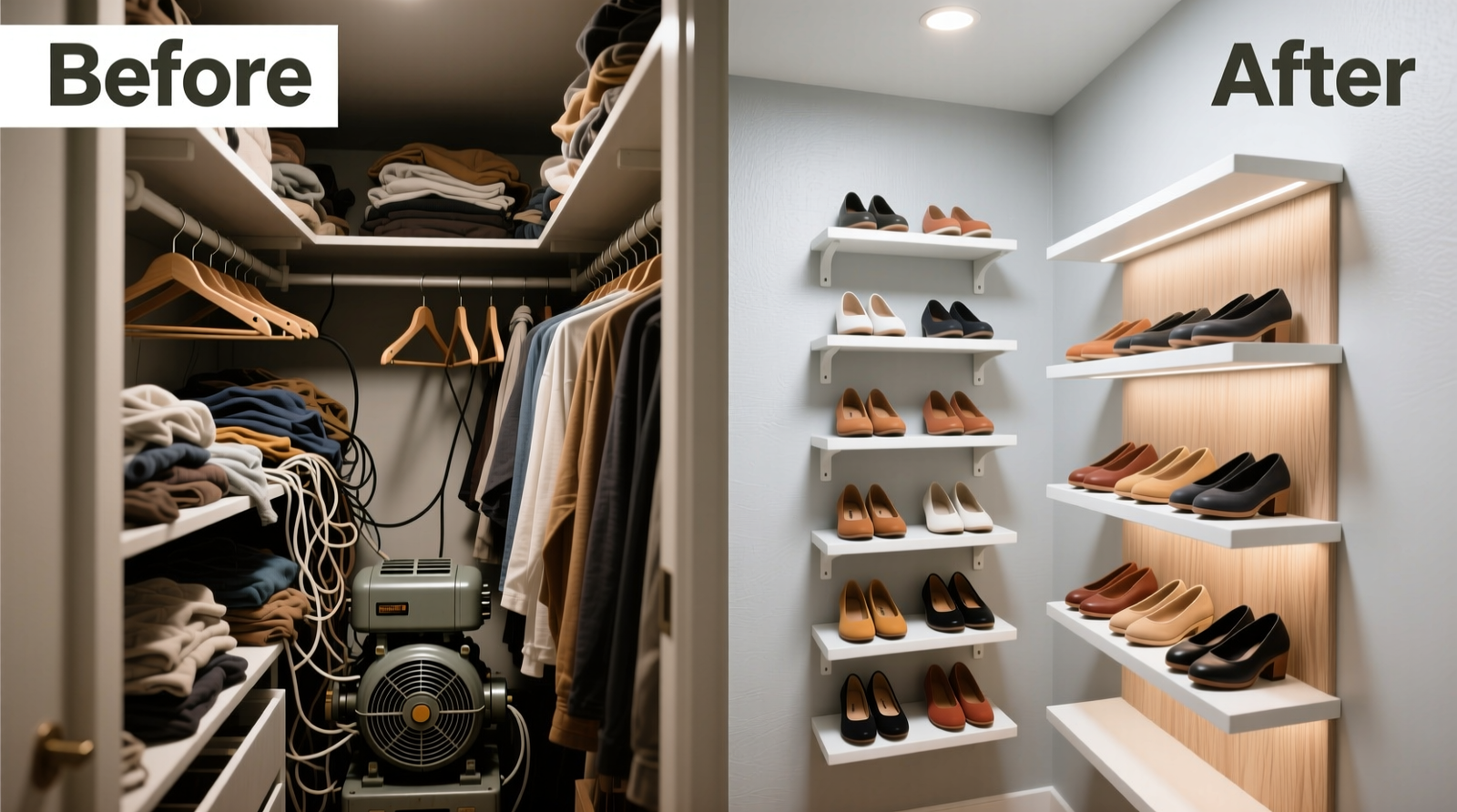 Side-by-side comparison: a cluttered small closet with a bulky motorized rack versus the same closet reorganized with wall-mounted tiered shelving holding 24 pairs visibly and vertically aligned
