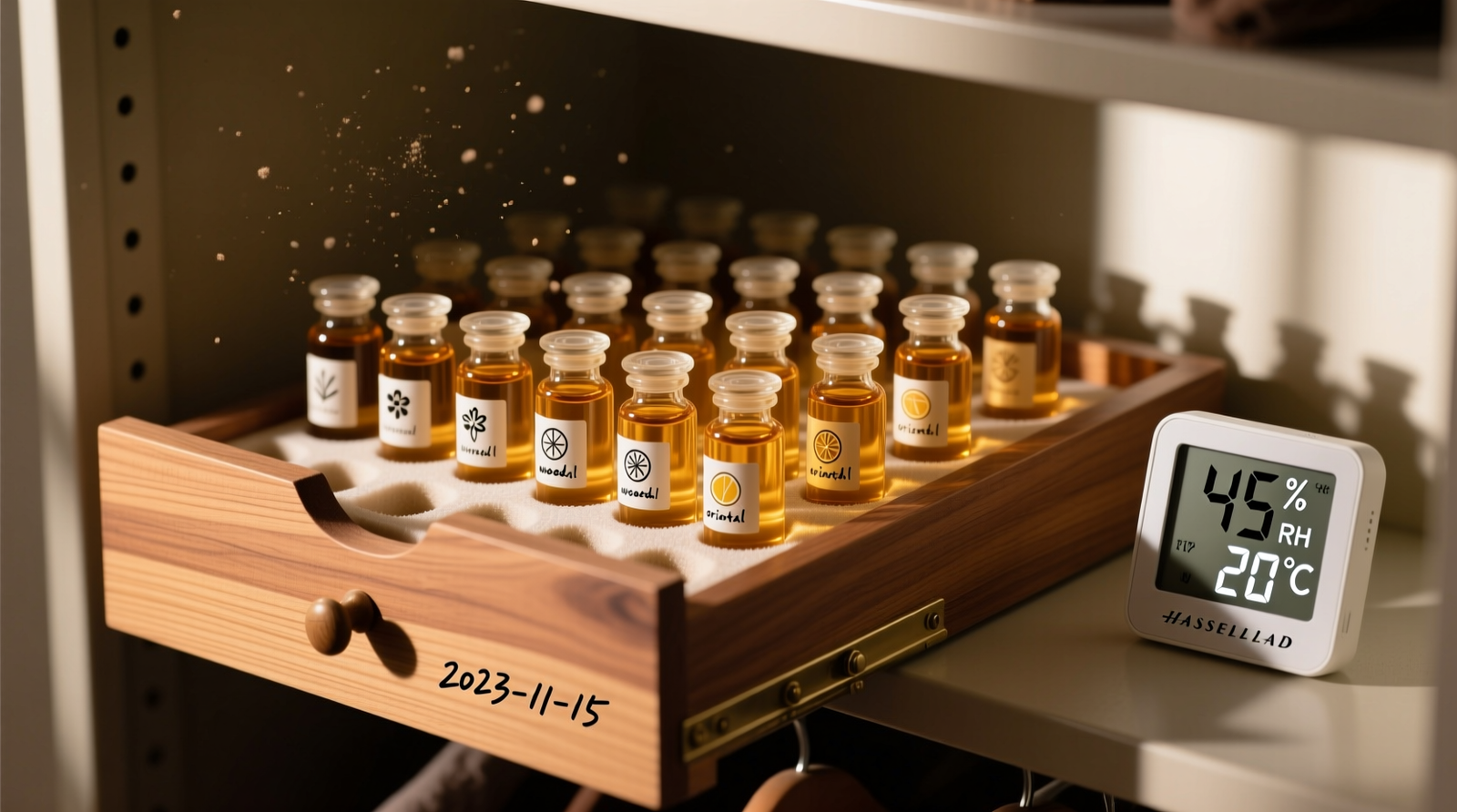 A shallow, lined cedar drawer holding 24 amber glass vials in individual foam-cut slots, each labeled with fragrance family icon and opening date, positioned on a shaded closet shelf beside a hygrometer reading 45% RH and 20°C
