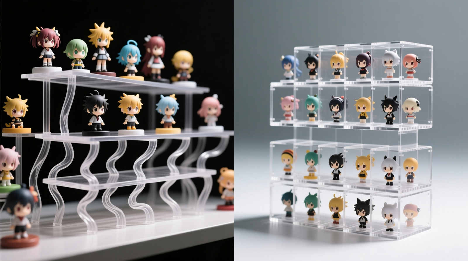 Side-by-side comparison: left shows anime figurines on thin plastic risers with obscured lower tier and visible warping; right shows same collection on clear, stackable acrylic cubes with full visibility, consistent spacing, and no shelf deformation