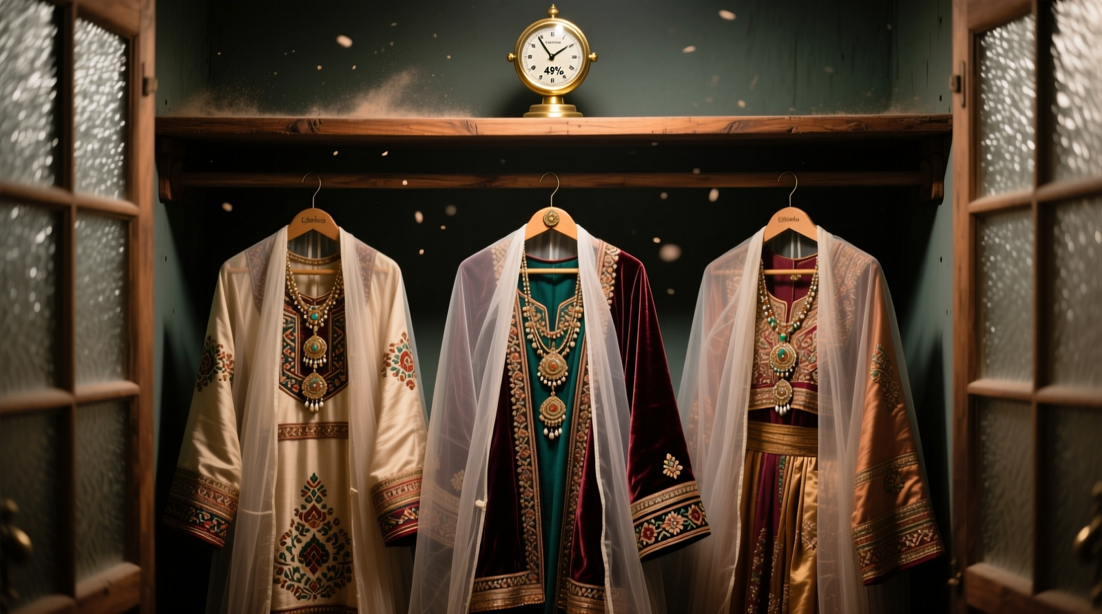Three festival outfits hung on wide, velvet-padded hangers inside translucent cotton garment bags, arranged in a cool, shadowed closet with hygrometer visible on shelf showing 49% RH