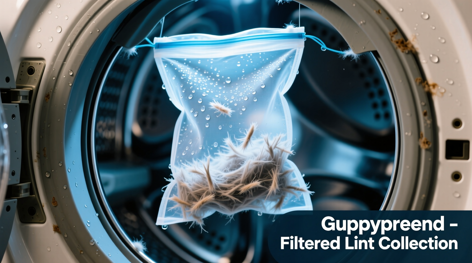 Close-up photo of a Guppyfriend washing bag mid-cycle in a front-loading machine, with visible microfibre lint collected along the bag's inner seams and corners