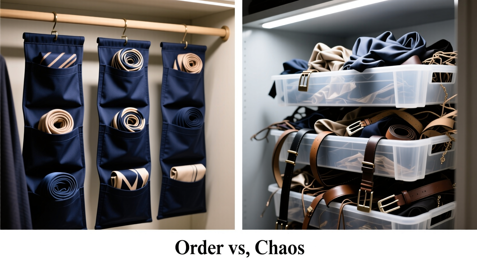 Side-by-side comparison: left shows neatly rolled scarves and folded belts in deep navy fabric pockets hanging from a closet rod; right shows identical accessories crammed into narrow, opaque white plastic trays with visible creasing and tangled ends