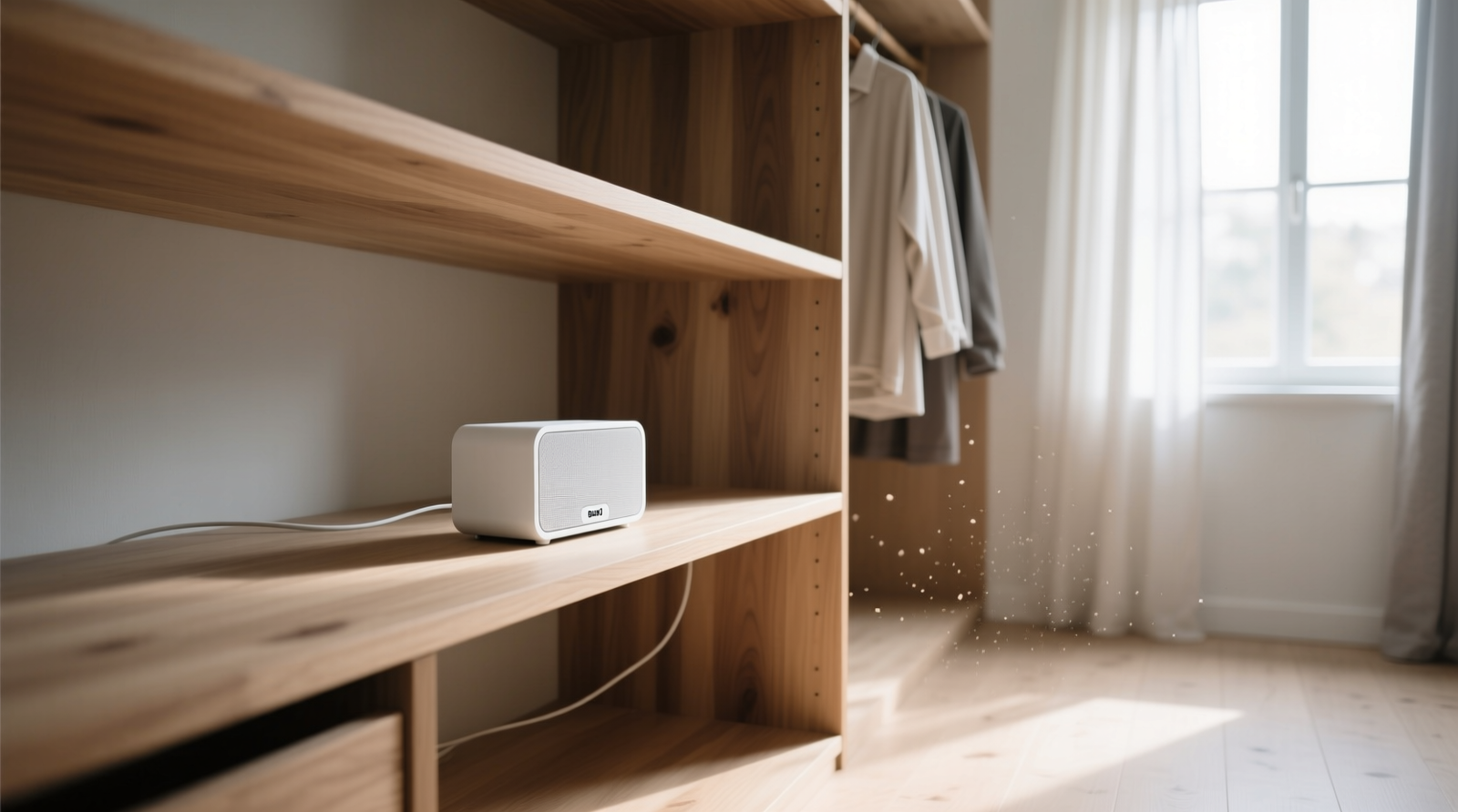 A minimalist walk-in closet with a compact white Bluetooth speaker centered on an open wooden shelf, angled slightly outward; soft morning light filters through a nearby window, and no cables are visible