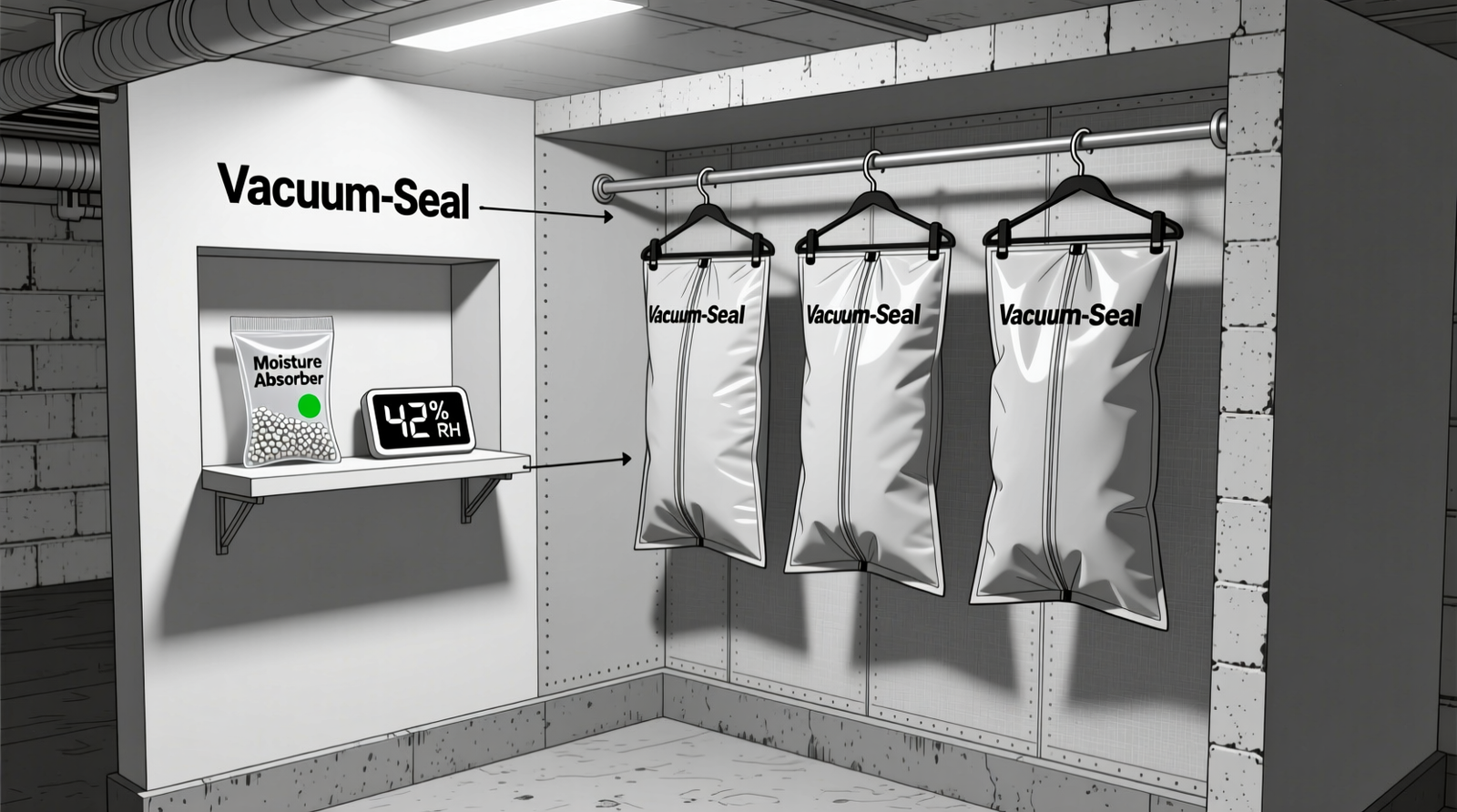 Cross-section diagram showing a sealed basement closet with silica gel pod mounted on interior shelf, hygrometer reading 42% RH, and moisture-barrier garment bags hanging on coated steel hangers