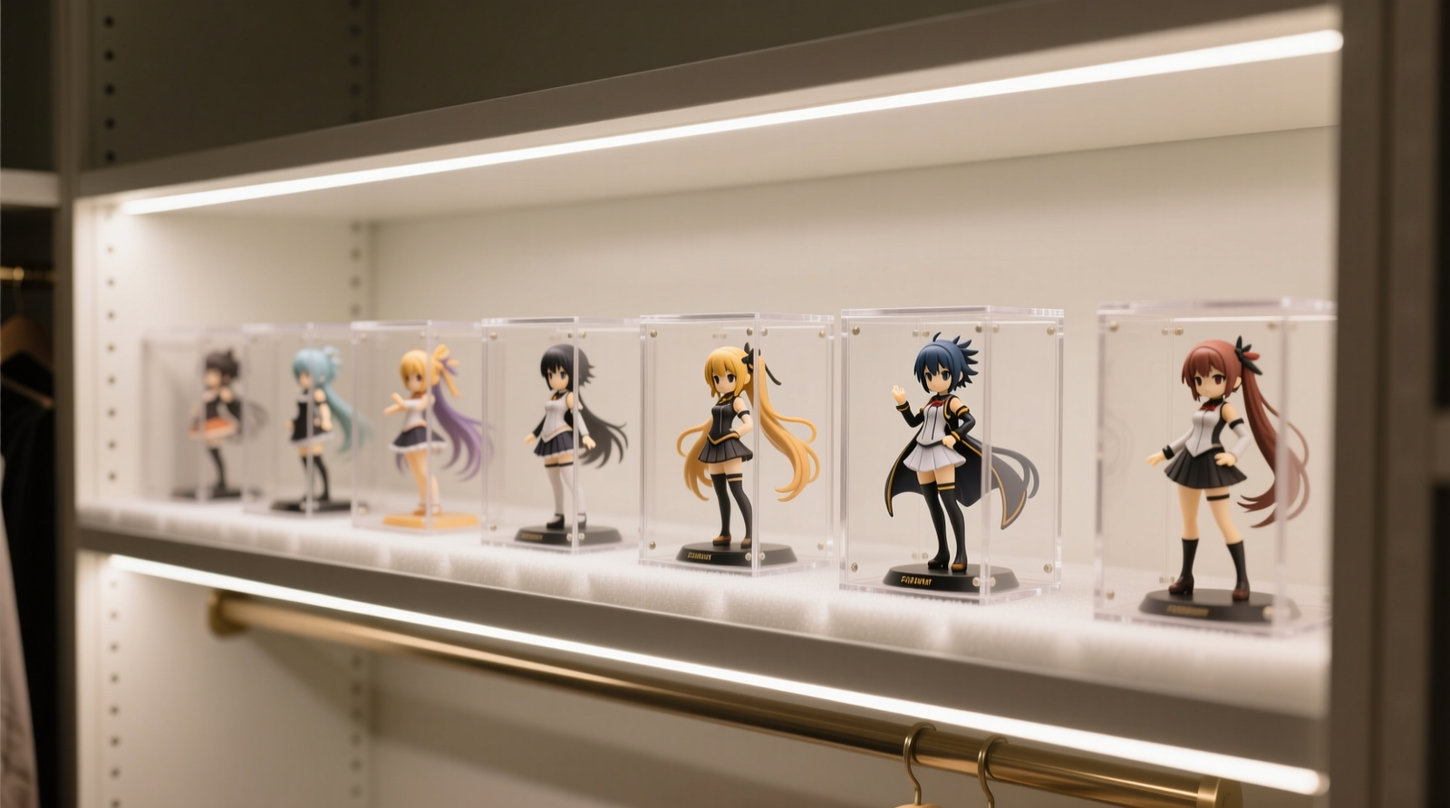 A well-organized closet shelf showing anime figures housed in clear UV-filtering acrylic cases, lined with white acid-free foam board, lit by discreet warm-white LED strips, with no visible sunlight or window reflection
