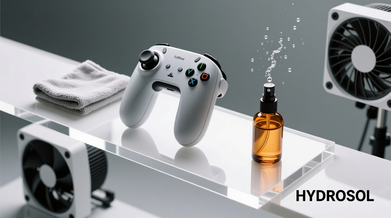 Top-down view of two VR hand controllers placed upright on a white acrylic shelf with gentle cross-flow from two silent 80mm DC fans; microfiber cloths and a glass amber hydrosol sprayer sit nearby