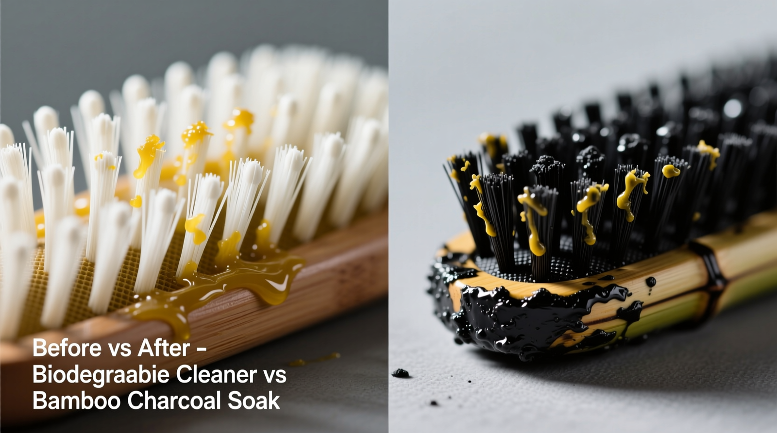 Side-by-side macro photos: left shows hairbrush bristles fully cleared of yellowish sebum residue after biodegradable cleaner treatment; right shows same brush after bamboo charcoal soak, with visible greasy film and darkened base bristles