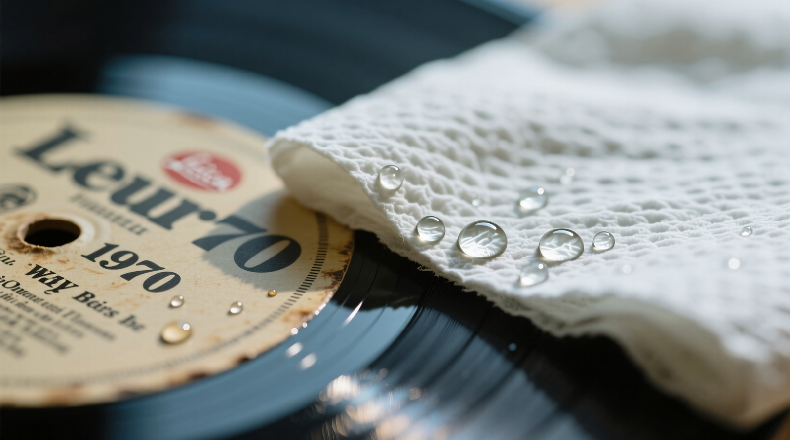 Close-up of a hand using a pale yellow cellulose sponge to gently wipe the textured surface of a vintage black vinyl record sleeve, with a small ceramic mug of golden chamomile tea visible in the background