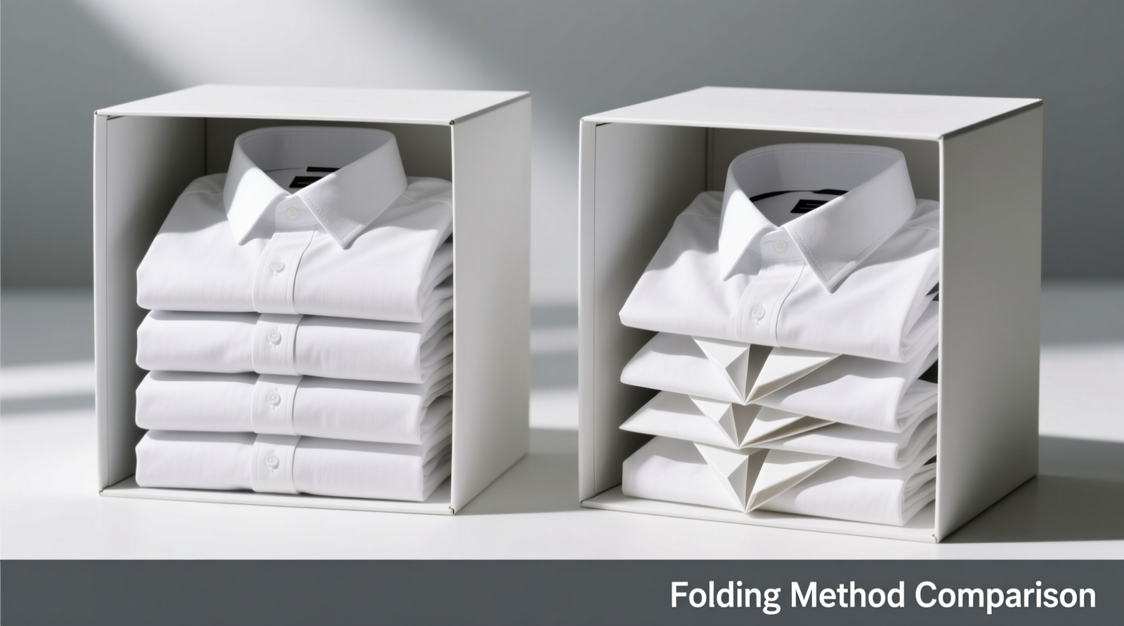 Side-by-side comparison: five identical cotton oxford shirts folded using a rigid folding board (neat, uniform vertical stacks) versus five folded using origami method (irregular heights, twisted collars, inconsistent edges) inside identical packing cubes