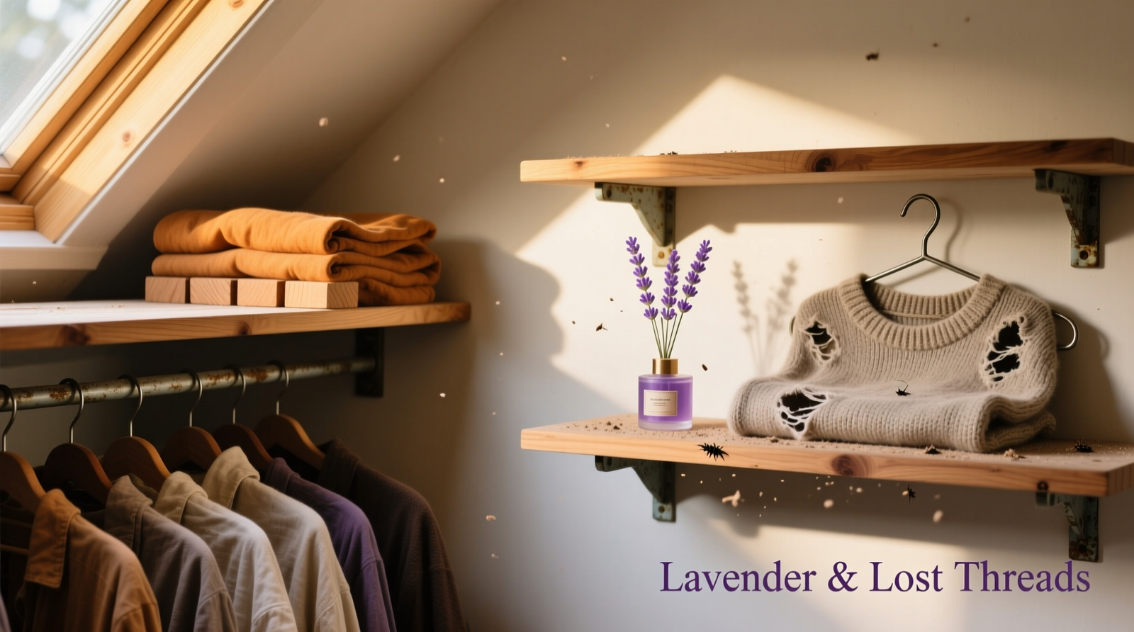 Two side-by-side closet shelves: left shows untreated cedar blocks placed at shelf ends and under garment folds; right shows a lavender-scented gel diffuser next to a wool sweater with visible moth holes and dust residue on nearby hangers