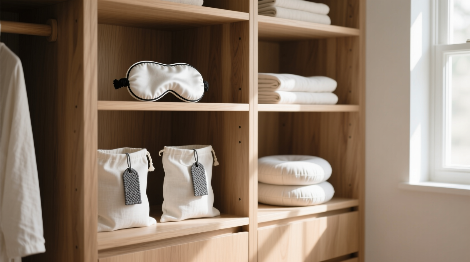A minimalist closet with light wood cubbies containing neatly arranged off-white linen pouches—some upright with visible rolled eye masks peeking from open tops, others holding folded round meditation cushions. Labels are subtle woven tags in charcoal gray thread.