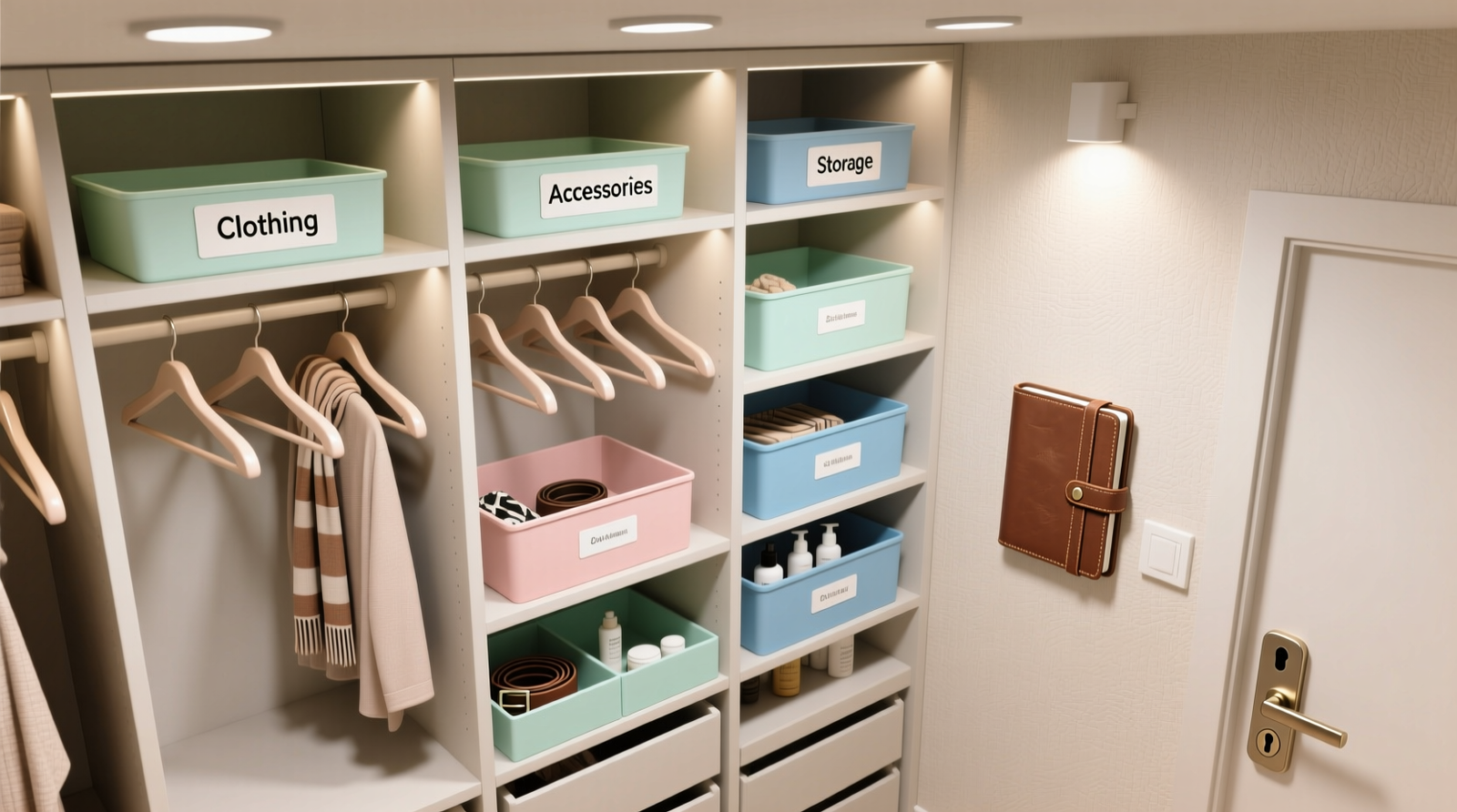 Overhead view of a shared closet divided into three clearly labeled vertical zones with uniform hangers, color-coded shelf bins, and a compact key logbook mounted beside a simple keyed deadbolt