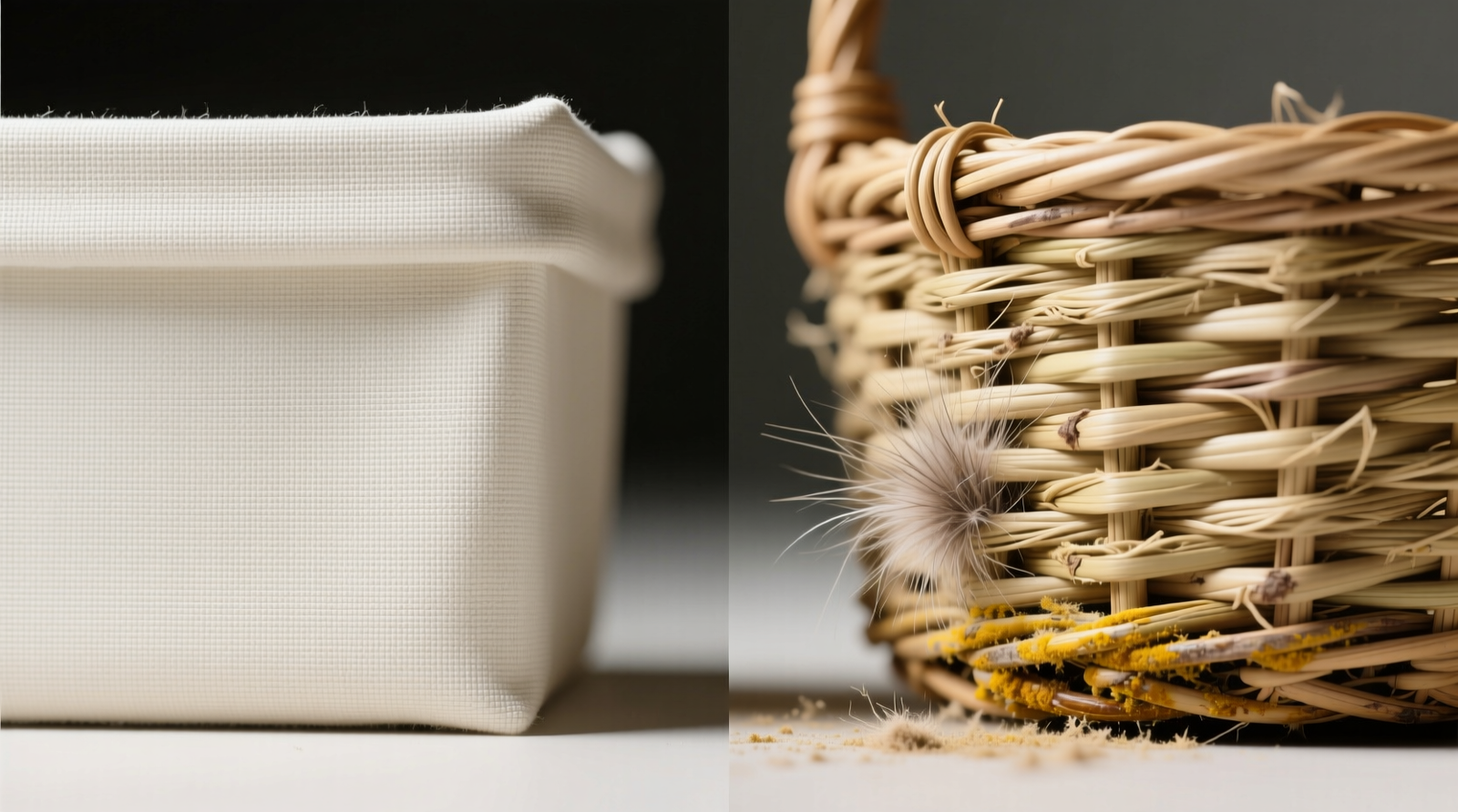 Side-by-side close-up comparison: canvas bin surface showing no hair adherence versus seagrass basket with visible embedded pet hair and slight discoloration near base
