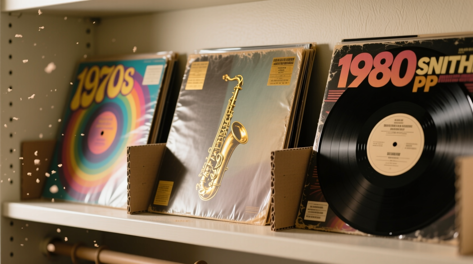 Close-up of vinyl records stored vertically in a climate-stable closet: each jacket fully supported by adjacent spines, no gaps or overhang, archival sleeves visible at the edges, hygrometer reading 44% RH on shelf