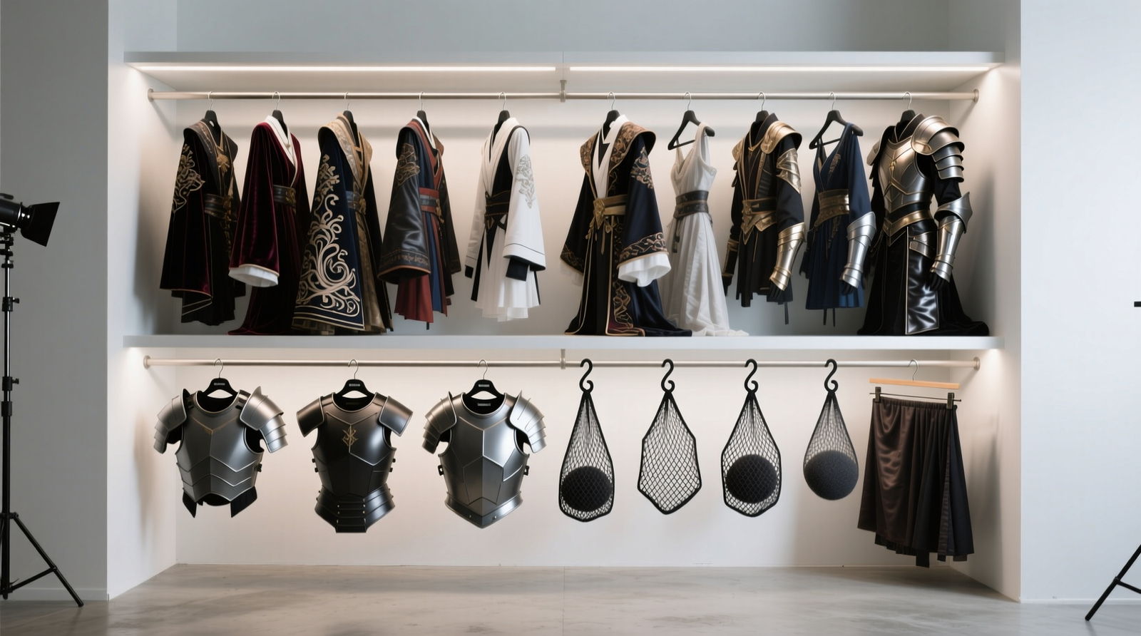 Two-tier closet setup: upper rod holds full cosplay costumes on wide padded hangers; lower rod suspends individual foam armor pieces in open-weave mesh bags, each hung from S-hooks without touching adjacent items