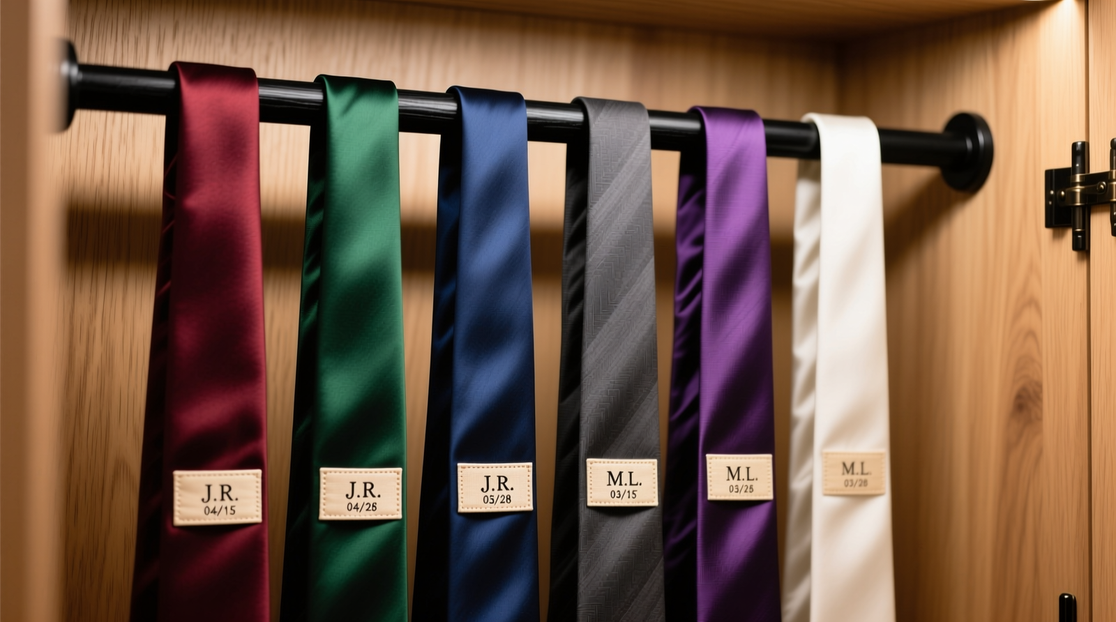 Close-up of a matte-black 12-hook rotating tie rack mounted inside a cedar-lined closet, showing silk ties hanging at even intervals with visible airflow gaps between each