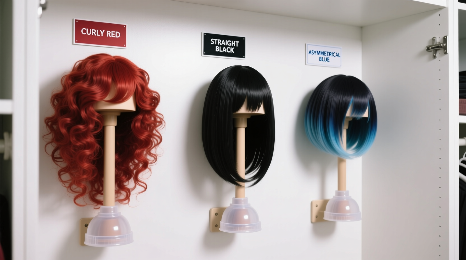 Close-up of three wall-mounted wig stands installed on a white closet interior wall, each holding a different styled cosplay wig—curly, straight, and asymmetrical bob—with visible spacing, soft silicone caps, and labeled tags. No floor clutter or additional storage visible.