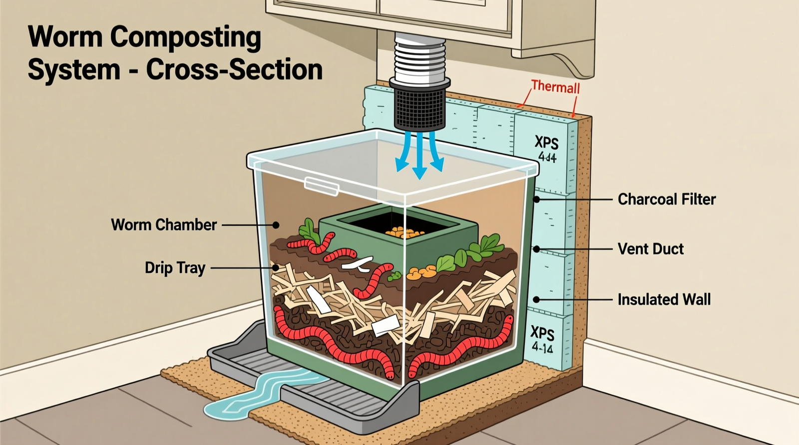 Cross-section diagram showing a worm composting bin installed in a shallow utility closet nook: bin sits on sloped drip tray with coir mat, charcoal filter mounted through lid into ceiling vent duct, and rigid insulation lining rear wall